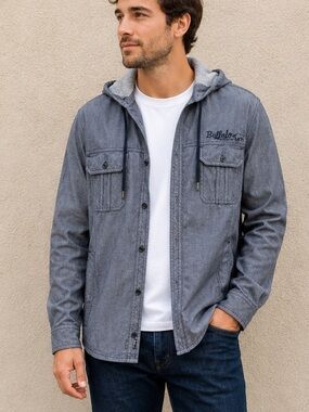 Buffalo David Bitton Hooded Chambray Button Front Shirt Layering Jacket Gray XL